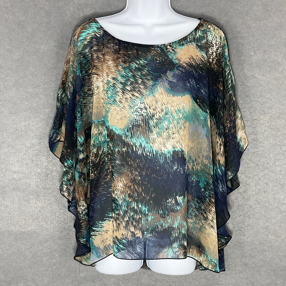 Dressbarn Top Woman Sz 14/16 Sheer‎ Abstract Flutter Sleeve Blouse Art to Wear